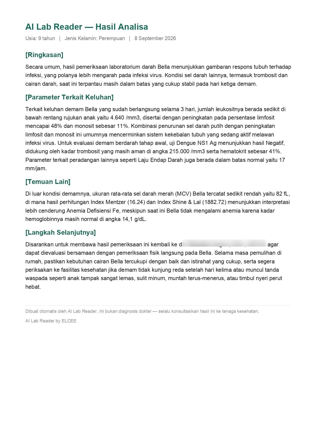 Contoh hasil analisa AI Lab Reader dari foto lab yang sama