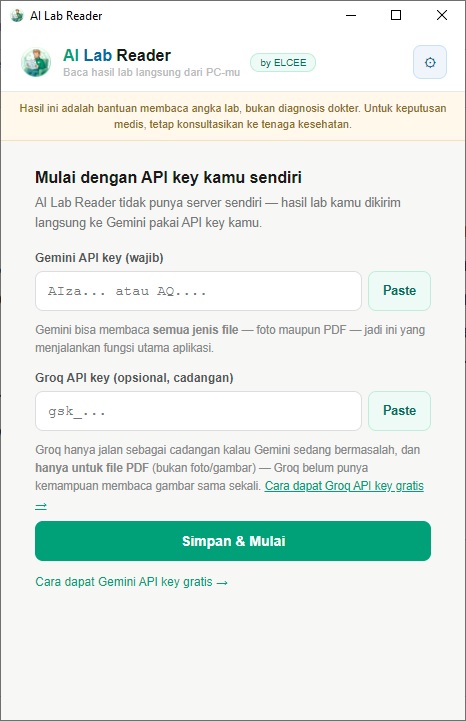 Layar setup awal AI Lab Reader — masukkan Gemini API key