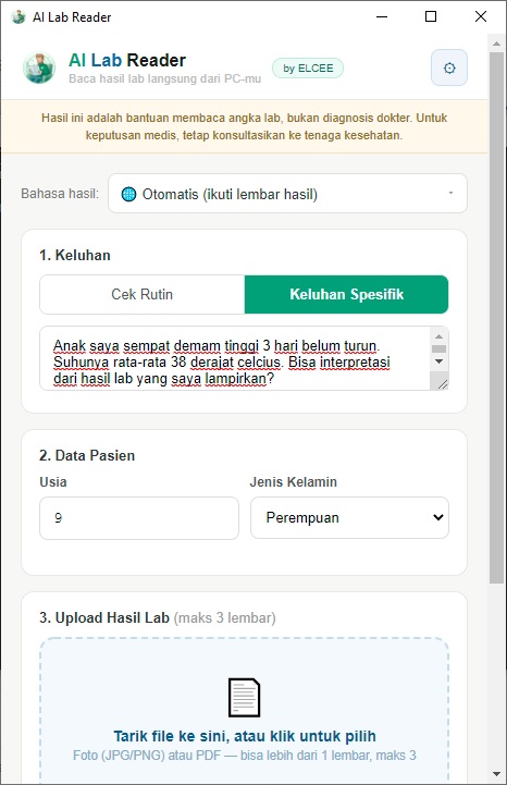 Mengisi keluhan spesifik, usia, dan jenis kelamin di AI Lab Reader
