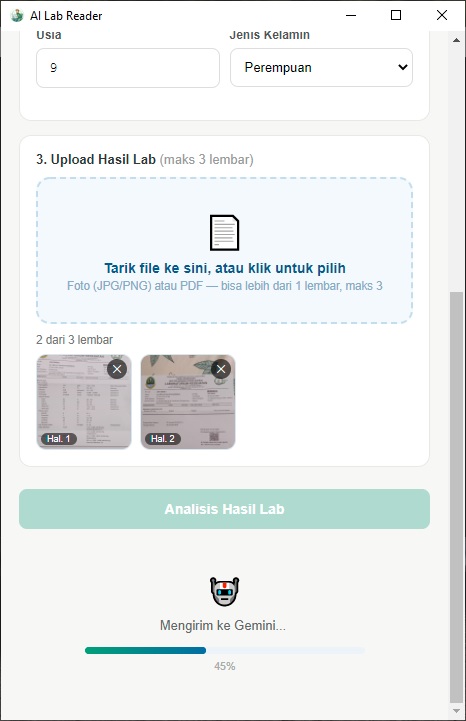 Upload hasil lab dan progress bar analisis di AI Lab Reader