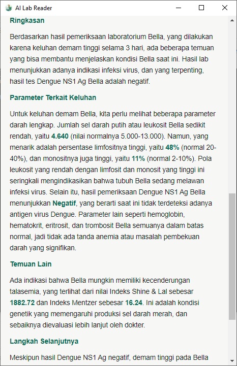 Hasil analisis AI Lab Reader — ringkasan dan parameter terkait keluhan
