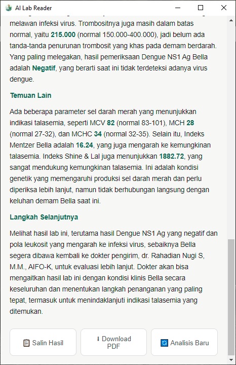 Langkah selanjutnya dan tombol salin/download PDF di AI Lab Reader