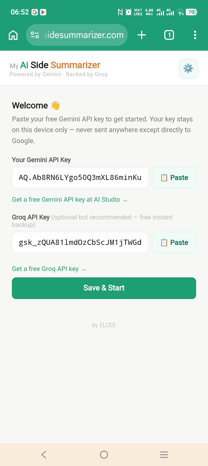 My AI Side Summarizer welcome screen with fields to paste the Gemini API Key and optional Groq API Key, and a Save and Start button