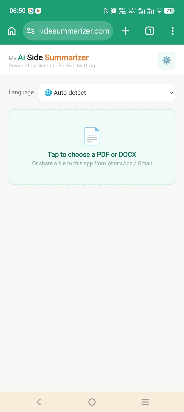 My AI Side Summarizer home screen in Chrome, showing the Language selector and the Tap to choose a PDF or DOCX drop zone
