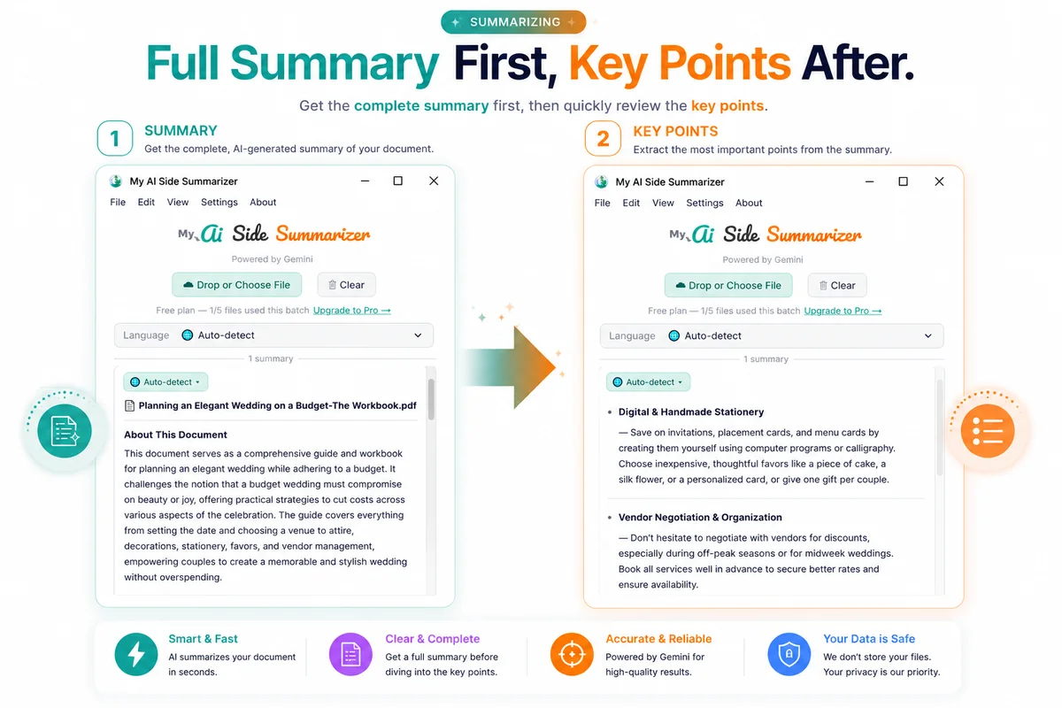 My AI Side Summarizer showing a full document summary next to its key points